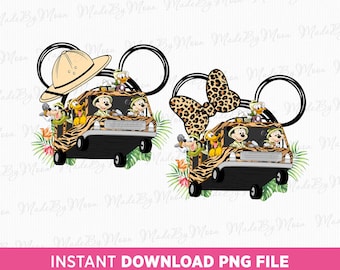 Könnte beinhalten: Ein digitales Clipart-Bild von zwei Sätzen Mickey-Mouse-Ohren mit einem Safari-Jeep und Tierfiguren. Der Jeep ist mit einem Leopardenmuster verziert und hat einen Safari-Führer, einen Affen, einen Hund und einen Tiger im Inneren. Die Ohren sind schwarz mit einer Schleife und einem Safarihut.