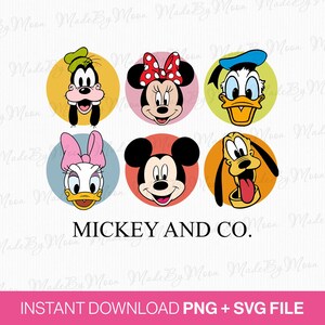 May include: A digital graphic featuring six circular icons of cartoon character faces: Goofy, Minnie Mouse, Donald Duck, Daisy Duck, Mickey Mouse, and Pluto, arranged in two rows. The text MICKEY AND CO. is centered below the icons in black font.