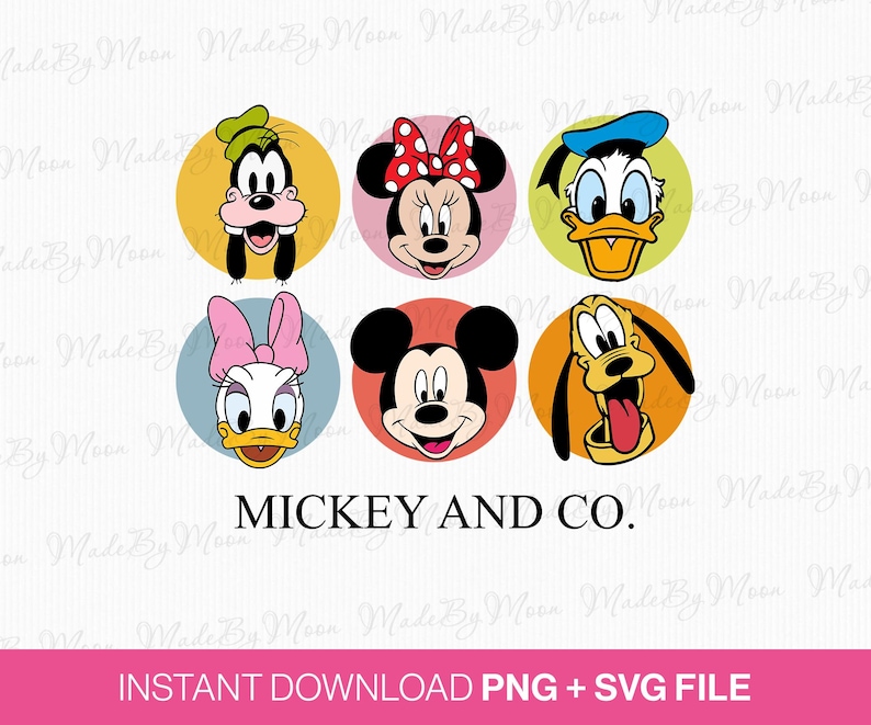 May include: A digital graphic featuring six circular icons of cartoon character faces: Goofy, Minnie Mouse, Donald Duck, Daisy Duck, Mickey Mouse, and Pluto, arranged in two rows. The text MICKEY AND CO. is centered below the icons in black font.