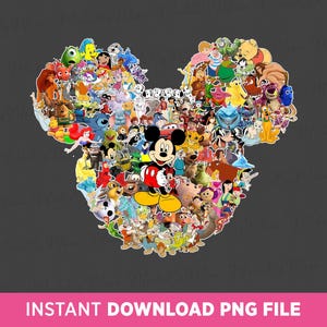May include: A collection of Disney characters, including Mickey Mouse, arranged to form Mickey Mouse's head shape. The image features characters like Winnie the Pooh and Ariel. The background is dark grey, with the text "INSTANT DOWNLOAD PNG FILE" at the bottom.