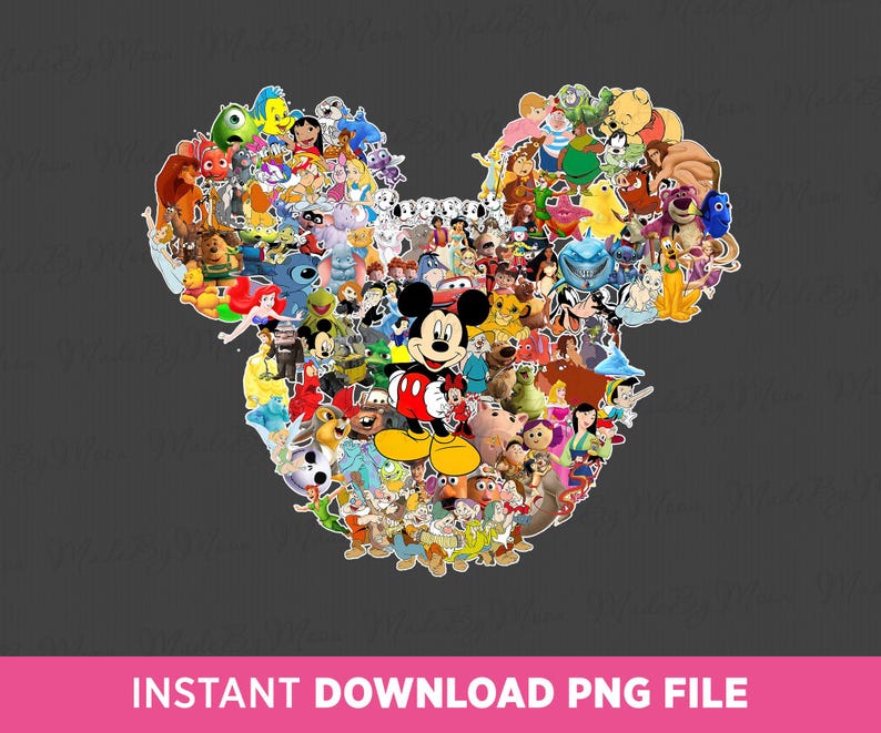 May include: A collection of Disney characters, including Mickey Mouse, arranged to form Mickey Mouse's head shape. The image features characters like Winnie the Pooh and Ariel. The background is dark grey, with the text "INSTANT DOWNLOAD PNG FILE" at the bottom.