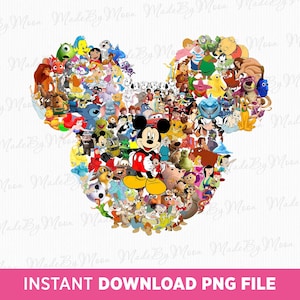 May include: A vibrant collage of Disney characters forming Mickey Mouse's head shape. The image includes characters from various Disney films, such as Mickey Mouse, Winnie the Pooh, and Ariel. The text "INSTANT DOWNLOAD PNG FILE" is displayed at the bottom.