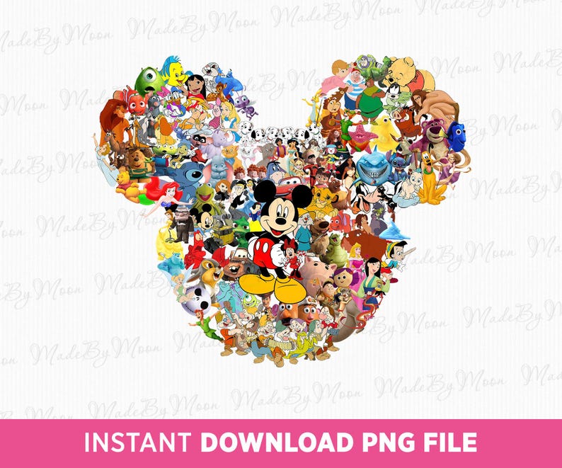 May include: A vibrant collage of Disney characters forming Mickey Mouse's head shape. The image includes characters from various Disney films, such as Mickey Mouse, Winnie the Pooh, and Ariel. The text "INSTANT DOWNLOAD PNG FILE" is displayed at the bottom.