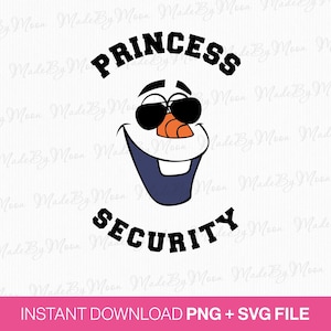 以下が含まれることがあります： サングラスをかけたアナと雪の女王のオラフの漫画イラストで、頭の上に「PRINCESS」、下に「SECURITY」という言葉があります。 画像は黒、白、オレンジ、青で、「INSTANT DOWNLOAD PNG + SVG FILE」というテキストが下にあります。