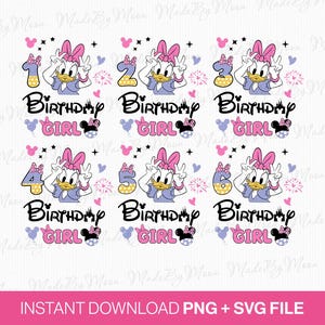 May include: Six digital images featuring a cartoon character with a pink bow and a pink dress. Each image has a number from one to six and the text "Birthday Girl".