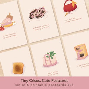 Conjunto de 6 cartões postais imprimíveis 4x6" – Tiny Crises, Cute Postcards – Download instantâneo