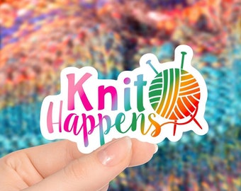 Knit Happens Sticker, Glossy Vinyl Die-cut Sticker, Knitting Stickers, Knitting Journal Sticker