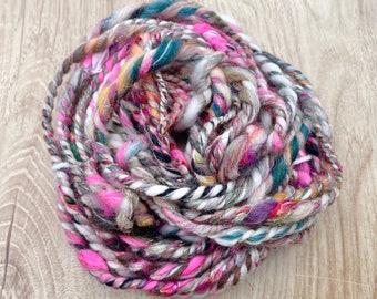 Art Yarn Thick and Thin Scrappy Two Ply Handspun Yarns Knitting Weaving Crochet Bulky Fibre Arts Merino Wool Recycled Sari Silk