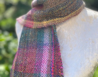 Hand Woven Scarf in Handspun Yarn, Merino Wool and Bluefaced Leicester, Gift for Her, Handmade in Cornwall, UK