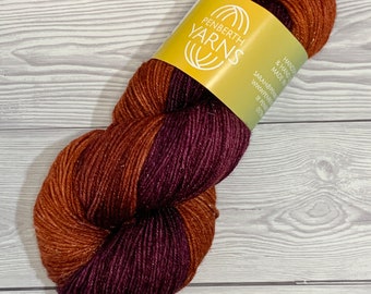 Hand Dyed Superwash Merino Wool, Tussah Silk and Silver Stellina in a 4 PLY Fingering Weight, 100g Skein, Sock Yarn