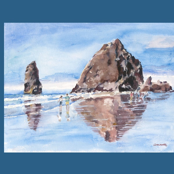 Digital Download of Haystack Rock Watercolor Print Cannon Beach Oregon, Pacific Coast