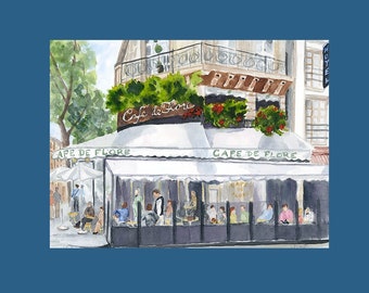 Digital Download of Cafe de Flore Paris Watercolor Print Art