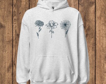 Hand-Drawn Birth Flower Hoodie - Multiple Flowers - Personalised Floral Hoodie, Custom Botanical Gift for Him and Her