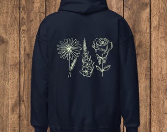 Hand-Drawn Birth Flower Hoodie - Multiple Flowers - Personalised Floral Hoodie, Custom Botanical Gift for Him and Her