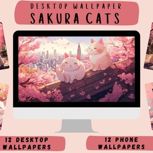 Sakura Cats Desktop Organizer Set | Wallpapers, Backgrounds | Pink Kawaii Sakura Flowers Theme for Windows & Mac | Amine Style