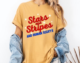 Camiseta con estrellas y rayas y derechos humanos, camiseta de protesta del 4 de julio, camiseta roja, blanca y azul, camiseta gráfica con estrellas y rayas, anti Trump