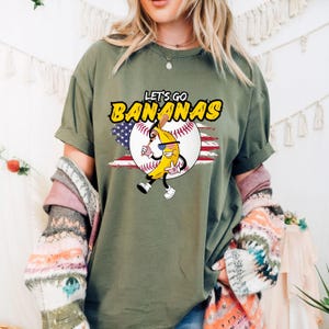 Comfort Colors® Let&#39;s Go Bananas Baseball Shirt, Funny Banana Playing Baseball Shirt, Cute Banana Sports Design, 4th of July Patriotic Shirt
