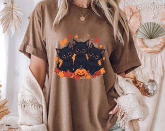 Black Cats and Fall Leaves Tee, Autumn Cute Cat Shirt, Comfort Colors 1717, Cute Fall Sweatshirt, Cozy Cat Lover Gift, Autumn Aesthetic