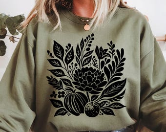 Linocut Flower Vintage Style Shirt, Retro Block Print Peonies Shirt,Ranunculas Woodcut Stamp Tee, Cottagecore Boho Botanical, Pressed Flower