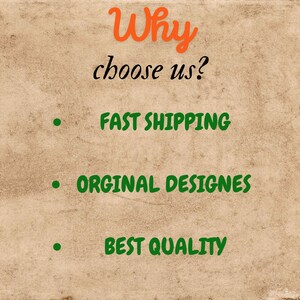 May include: Text on a brown background that reads "Why choose us?" with three bullet points: "Fast Shipping", "Original Designs", and "Best Quality".
