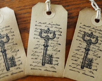 Set of 3 Med. French Script Key Vintage Skeleton Key Hang Tags