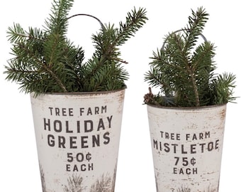 One Lg. Rustic Farmhouse Winter Wall Pocket Metal Hanging Bucket Holiday Greens