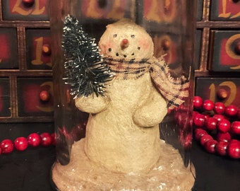 Christmas Vintage Primitive Snowman Snow Globe Jar