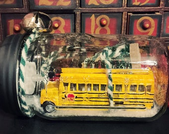 Light up Mason Jar Christmas Snow Globe School Bus Christmas Jar