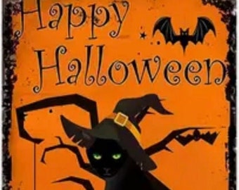 Retro Happy Halloween Metal Sign Black Cat Witch Hat