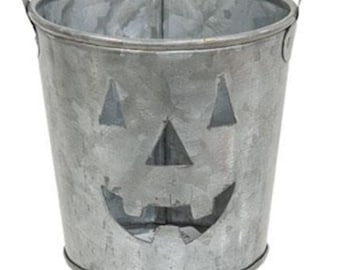 Sm. Primitive Jack O Lantern Galvanized Bucket Halloween Pail Rusty Bucket