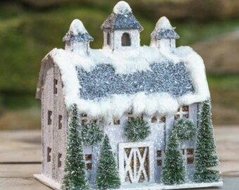 Putz Style Light up Christmas Barn White Glitter Barn Ragon House