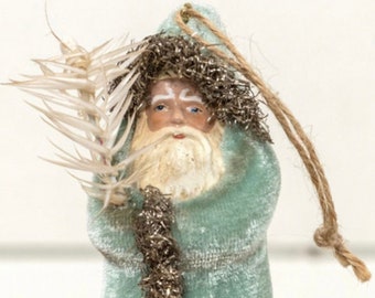 6” Vintage Style Blue Velvet Belsnickle Santa Figurine Father Christmas Bellsnickel