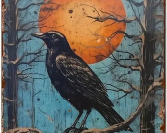 Halloween Raven Sign Halloween Crow Raven Moon Metal Sign