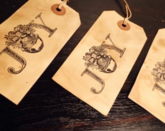 SET of 3 Med. Primitive Holiday Christmas Hang Tags JOY