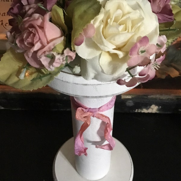 Farmhouse Shabby Distressed Wood Pedestal Candle Holder Spring Pink Roses