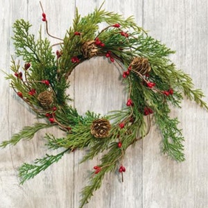 Winter Cedar Pip Berry Pine Cone Candle Ring Winter Wreath 10”