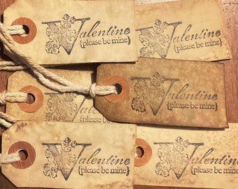 3 Sm. Primitive Valentine Please Be Mine hang tags Valentines Day Tags