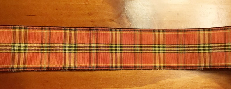 Autumn Fall Satin Orange Plaid 1.5\u201d wired 3 yards+
