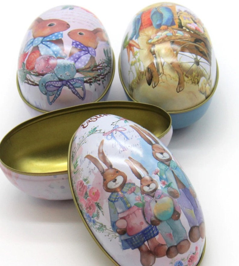 Set 3 Small Vintage Style Tin Easter Eggs Candy Containers image 2