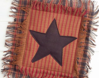 Primitive Homespun Fringed Ticking Star Candle Mat Tree Mat 8”