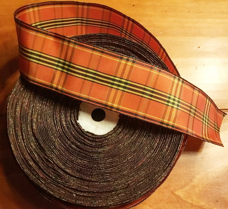 Autumn Fall Satin Orange Plaid 1.5\u201d wired 3 yards+
