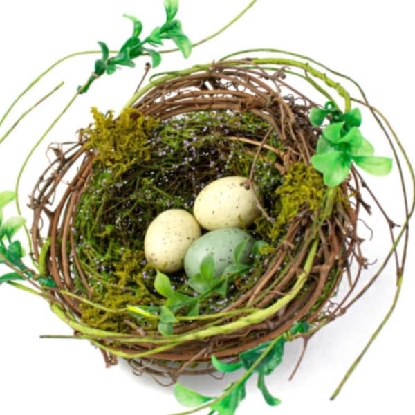 Lg. Rustic 7’ Mossy Spring Birds Nest Faux Floral Greenery Eggs