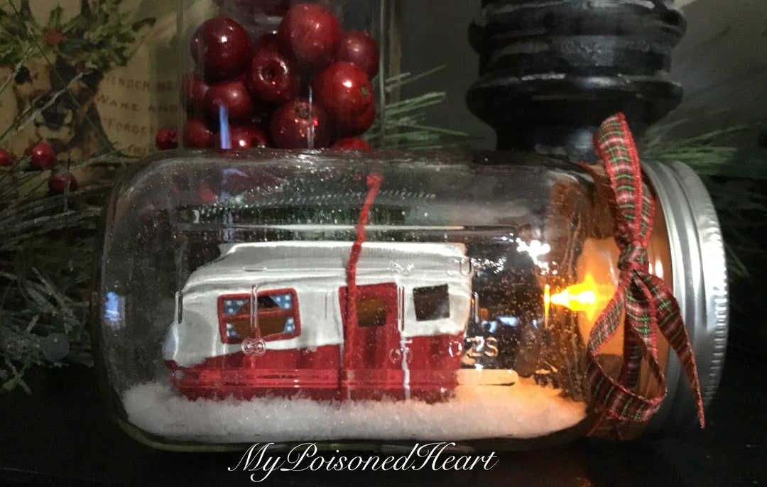 Lg. Light up Christmas Camper Snow Globe Christmas Mason Jar Etsy