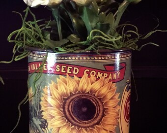 Sm. Vintage Retro Style Sunflower Seeds Metal Can With Daisies