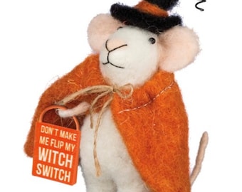 Primitive Halloween Mouse Ornament- Witch Switch Mouse Doll