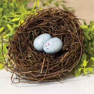 4” Primitive Farmhouse Grapevine Birds Mest Robin’s Nest Blue Speckled Eggs