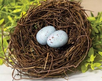 4” Primitive Farmhouse Grapevine Birds Mest Robin’s Nest Blue Speckled Eggs