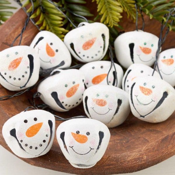 Christmas Primitive Snowman Jingle Bell Ornament 1 3/8”