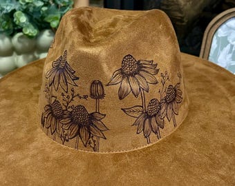 Cream Suede Fedora Hat: Burned Floral Design, Lace & Dried  display picture 1