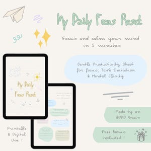ADHD Daily Focus Reset Sheet – Gentle Task Initiation , Overwhelm Help, Mental Clarity (Printable & Digital) + Free bonus included